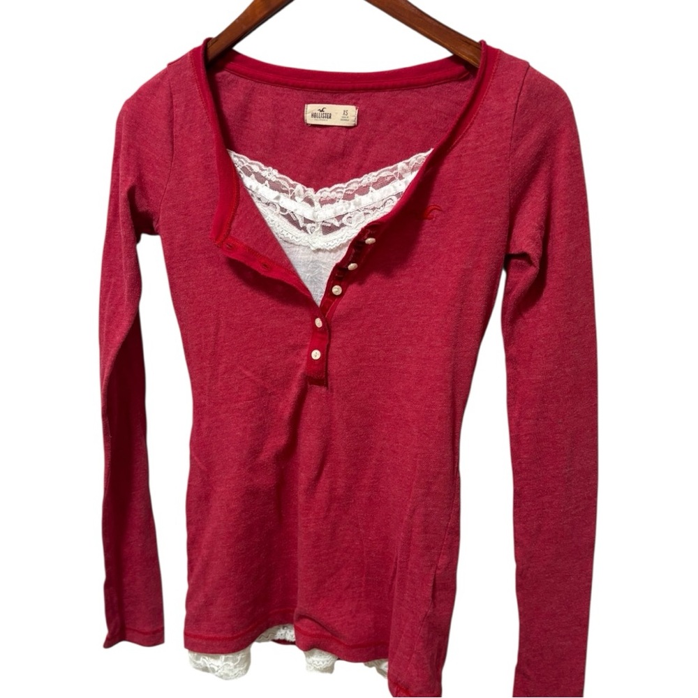 Y2K Hollister Henley Long Sleeved Top in Red